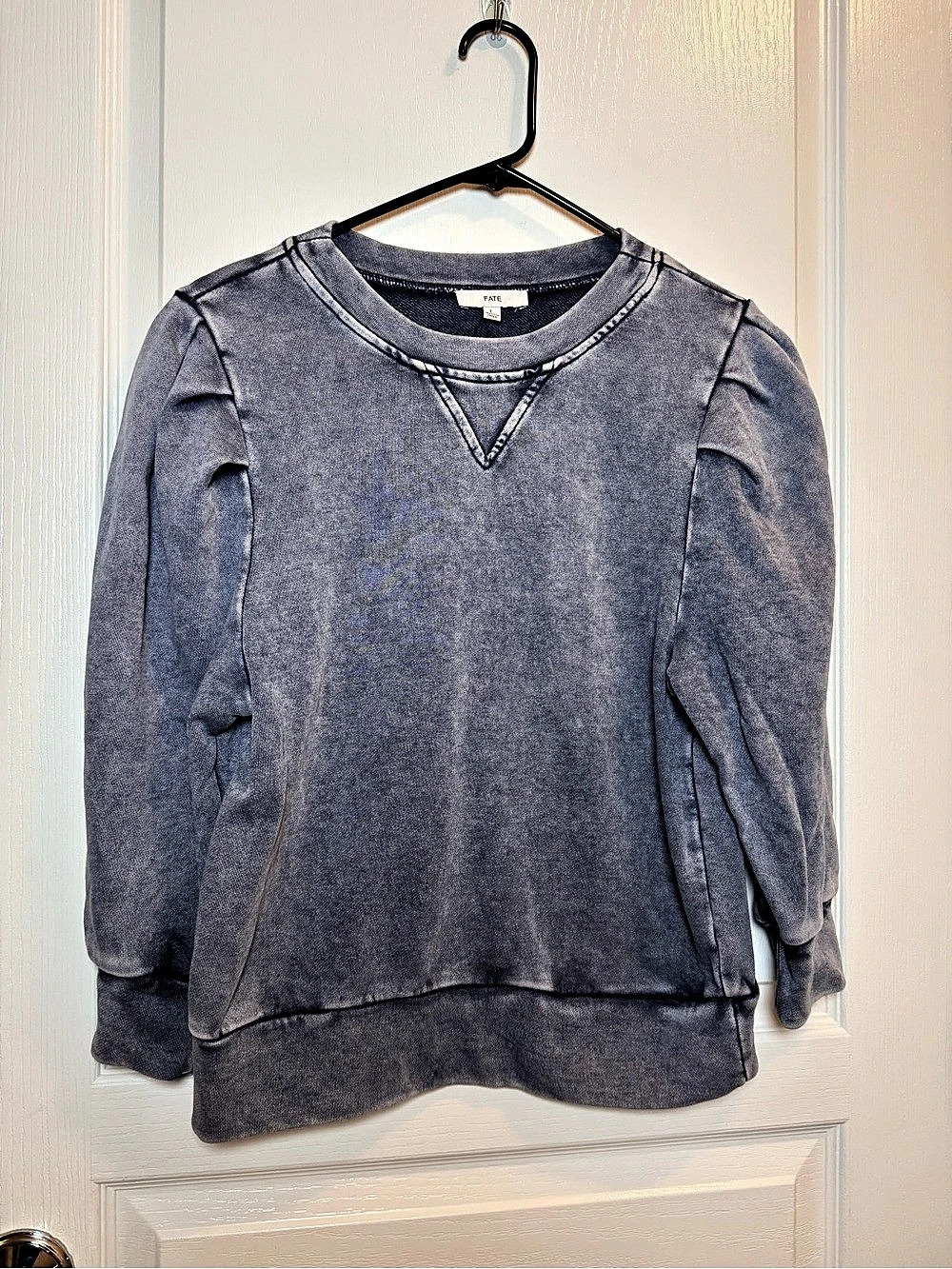 FATE Women’s Large Blue Mineral Wash 3/4 Puff Sleeve Cotton Sweatshirt